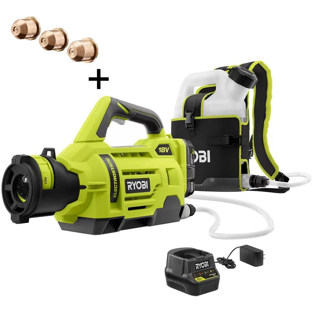 RYOBI P2870-A14 ONE+ 18V Cordless Electrostatic 1 Gal. Sprayer w/ Extra (2) Med. & (1) High Nozzles, (2) 2.0 Ah Batteries, & (1) Charger