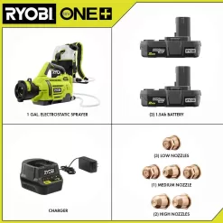RYOBI P2870-A14 ONE+ 18V Cordless Electrostatic 1 Gal. Sprayer w/ Extra (2) Med. & (1) High Nozzles, (2) 2.0 Ah Batteries, & (1) Charger