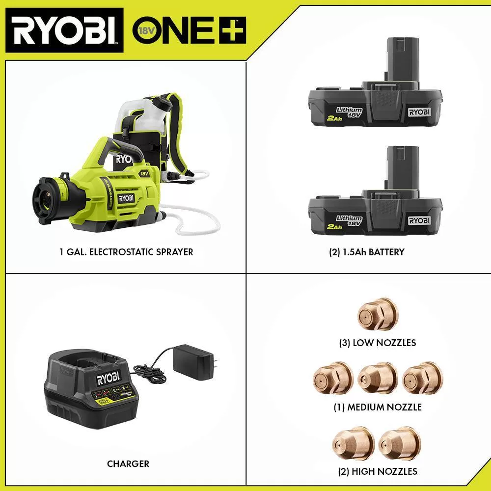 RYOBI P2870-A14 ONE+ 18V Cordless Electrostatic 1 Gal. Sprayer w/ Extra (2) Med. & (1) High Nozzles, (2) 2.0 Ah Batteries, & (1) Charger
