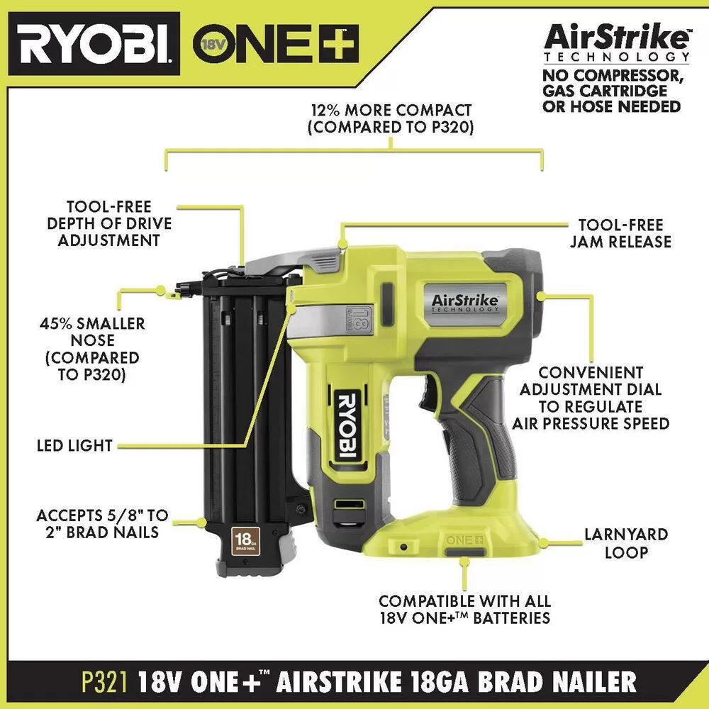 RYOBI P321-P326-PSK005 ONE+ 18V Cordless 18-Gauge Brad Nailer with 16-Gauge Straight Finish Nailer, 2.0 Ah Battery, and Charger