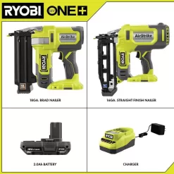 RYOBI P321-P326-PSK005 ONE+ 18V Cordless 18-Gauge Brad Nailer with 16-Gauge Straight Finish Nailer, 2.0 Ah Battery, and Charger
