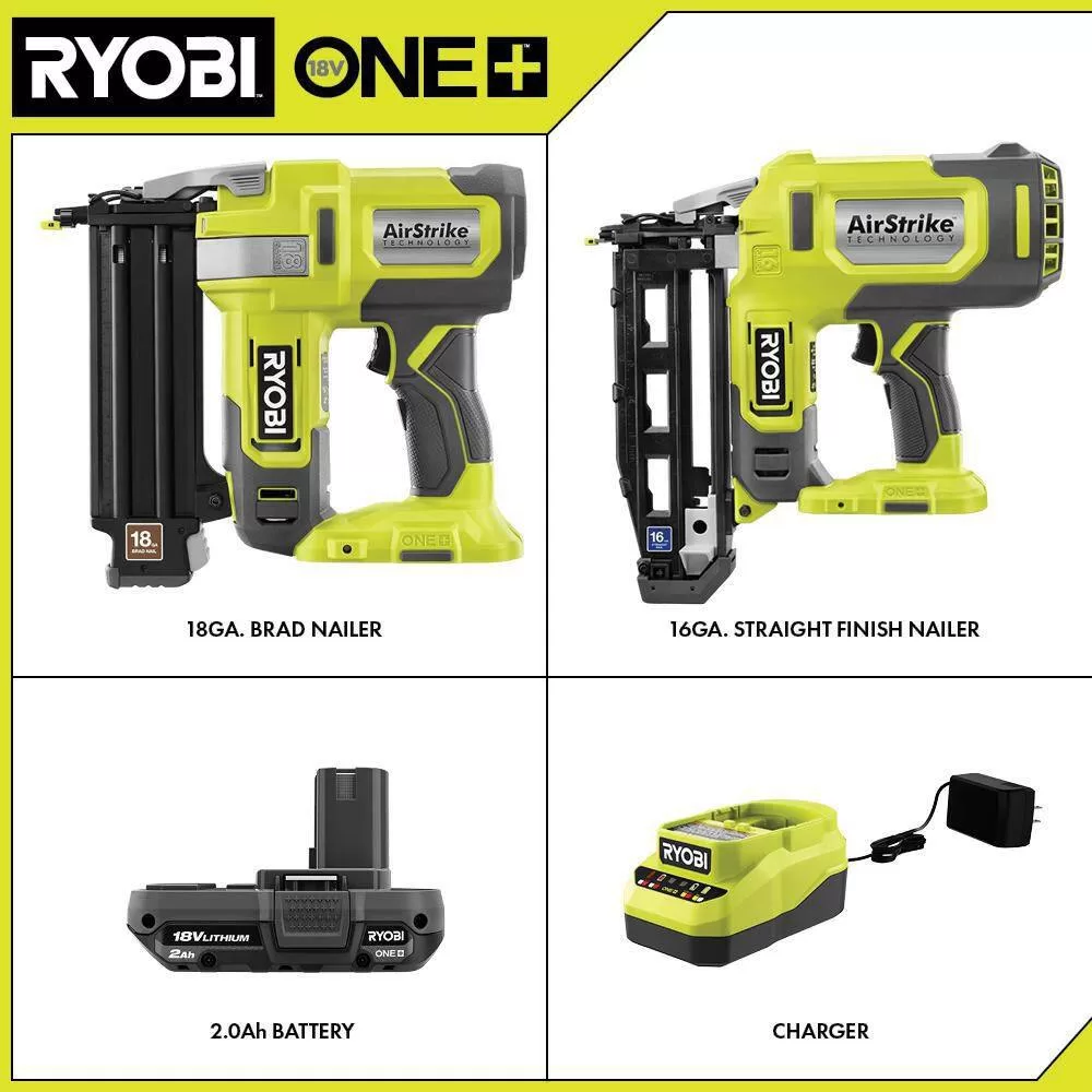 RYOBI P321-P326-PSK005 ONE+ 18V Cordless 18-Gauge Brad Nailer with 16-Gauge Straight Finish Nailer, 2.0 Ah Battery, and Charger