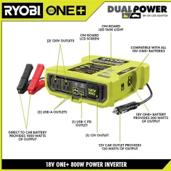 RYOBI ONE+ 18V 800-Watt Max 12V Automotive Power Inverter with Dual USB Ports