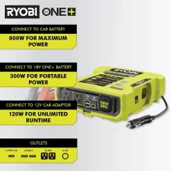 RYOBI ONE+ 18V 800-Watt Max 12V Automotive Power Inverter with Dual USB Ports