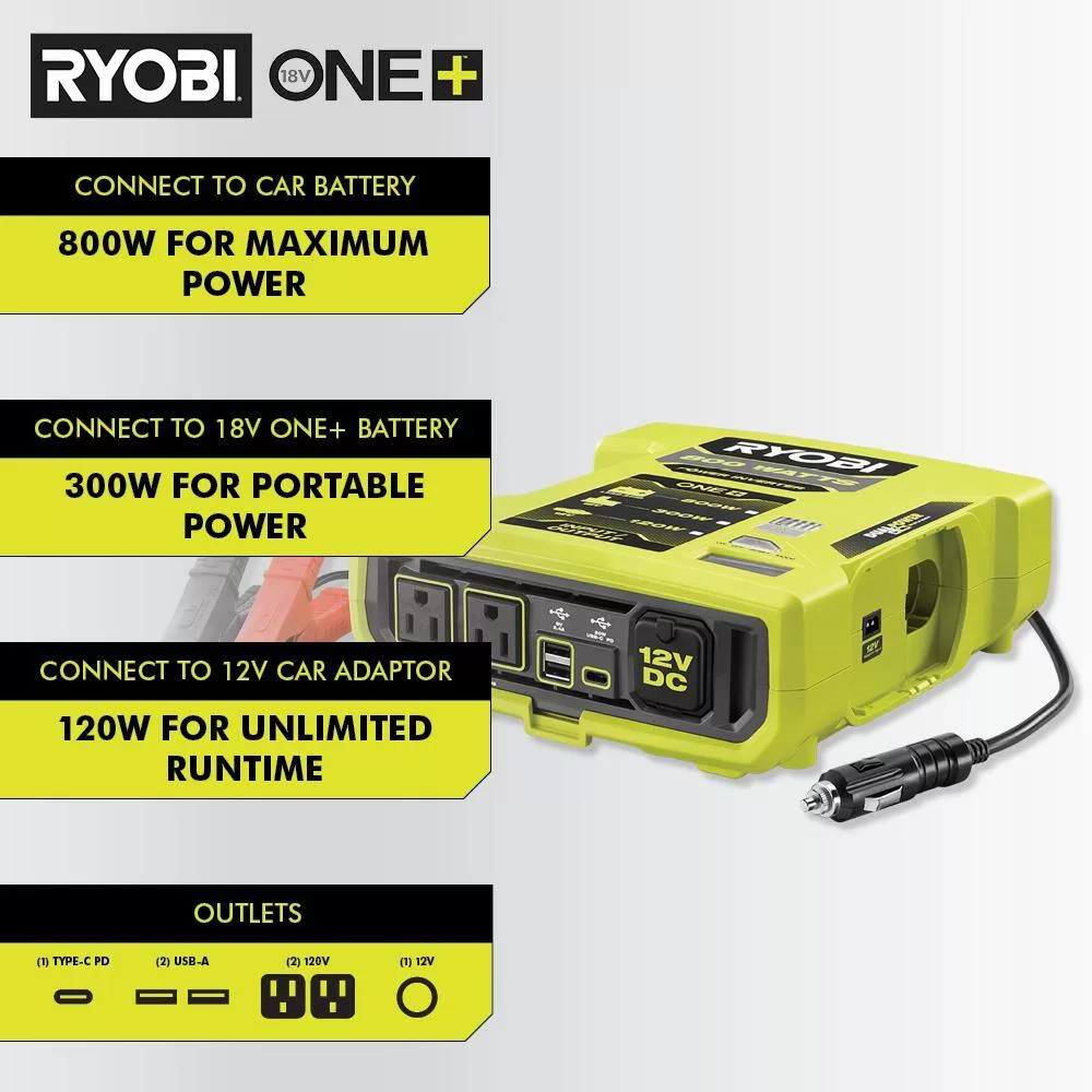 RYOBI ONE+ 18V 800-Watt Max 12V Automotive Power Inverter with Dual USB Ports