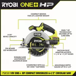 RYOBI PSBCS01K1 ONE+ HP 18V Brushless Cordless Compact 6-1/2 in. Circular Saw Kit with 4.0 Ah HIGH PERFORMANCE Battery and Charger