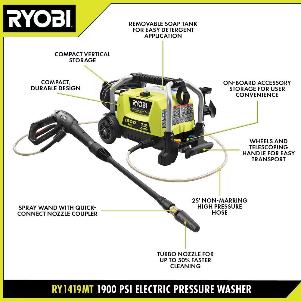 RYOBI Electric Pressure Washer with 1900 PSI and 1.2 GPM