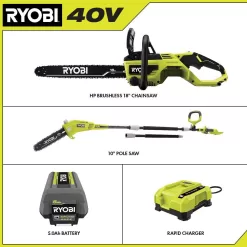 RYOBI RY40580-PS 40V HP Brushless 18 in. Cordless Battery Chainsaw and 10 in. Cordless Battery Pole Saw with 5.0 Ah Battery and Charger