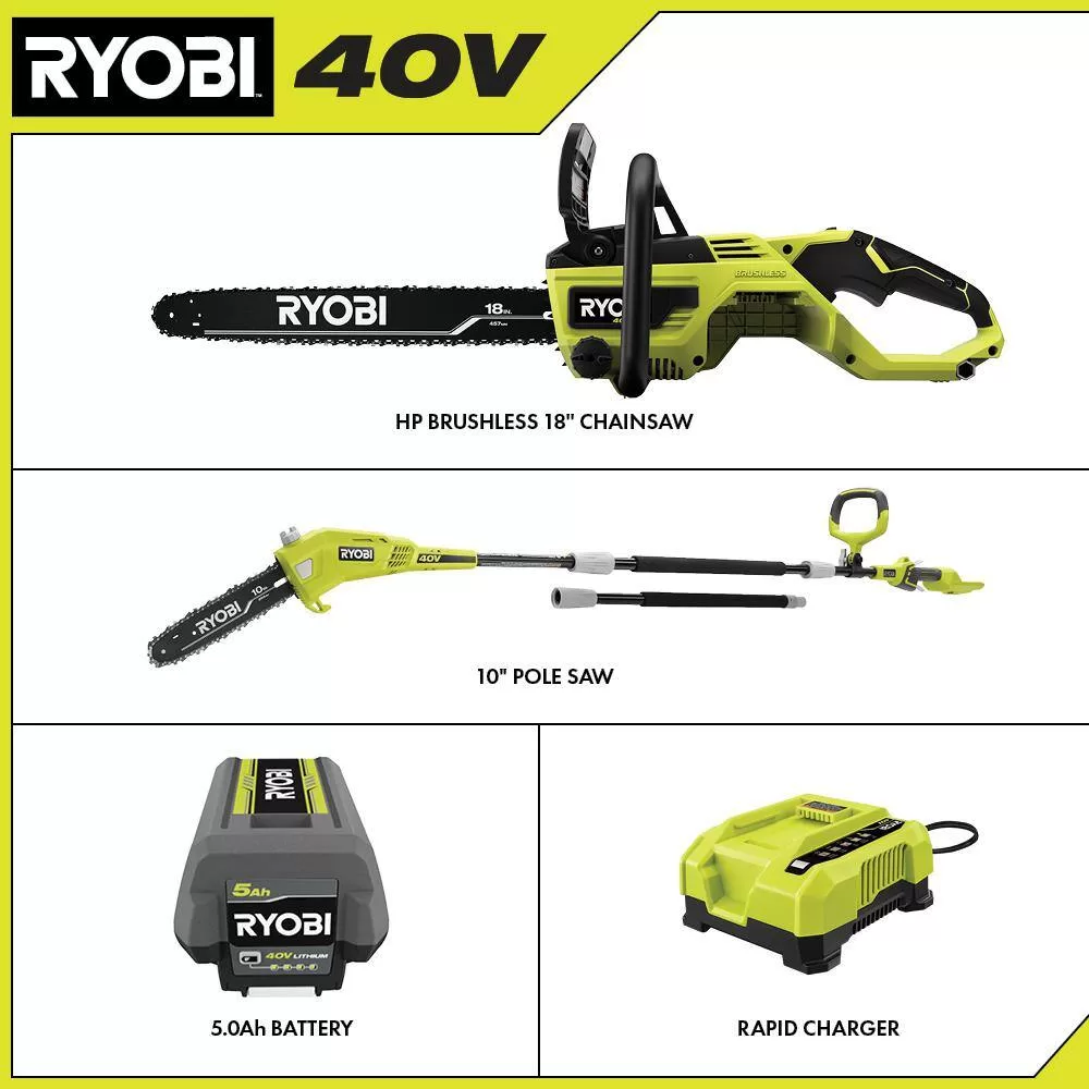RYOBI RY40580-PS 40V HP Brushless 18 in. Cordless Battery Chainsaw and 10 in. Cordless Battery Pole Saw with 5.0 Ah Battery and Charger