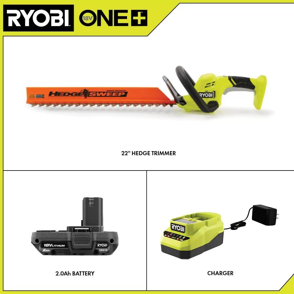 RYOBI P2690 ONE+ 18V 22 in. Lithium-Ion Cordless Hedge Trimmer with 2.0 Ah Battery and Charger