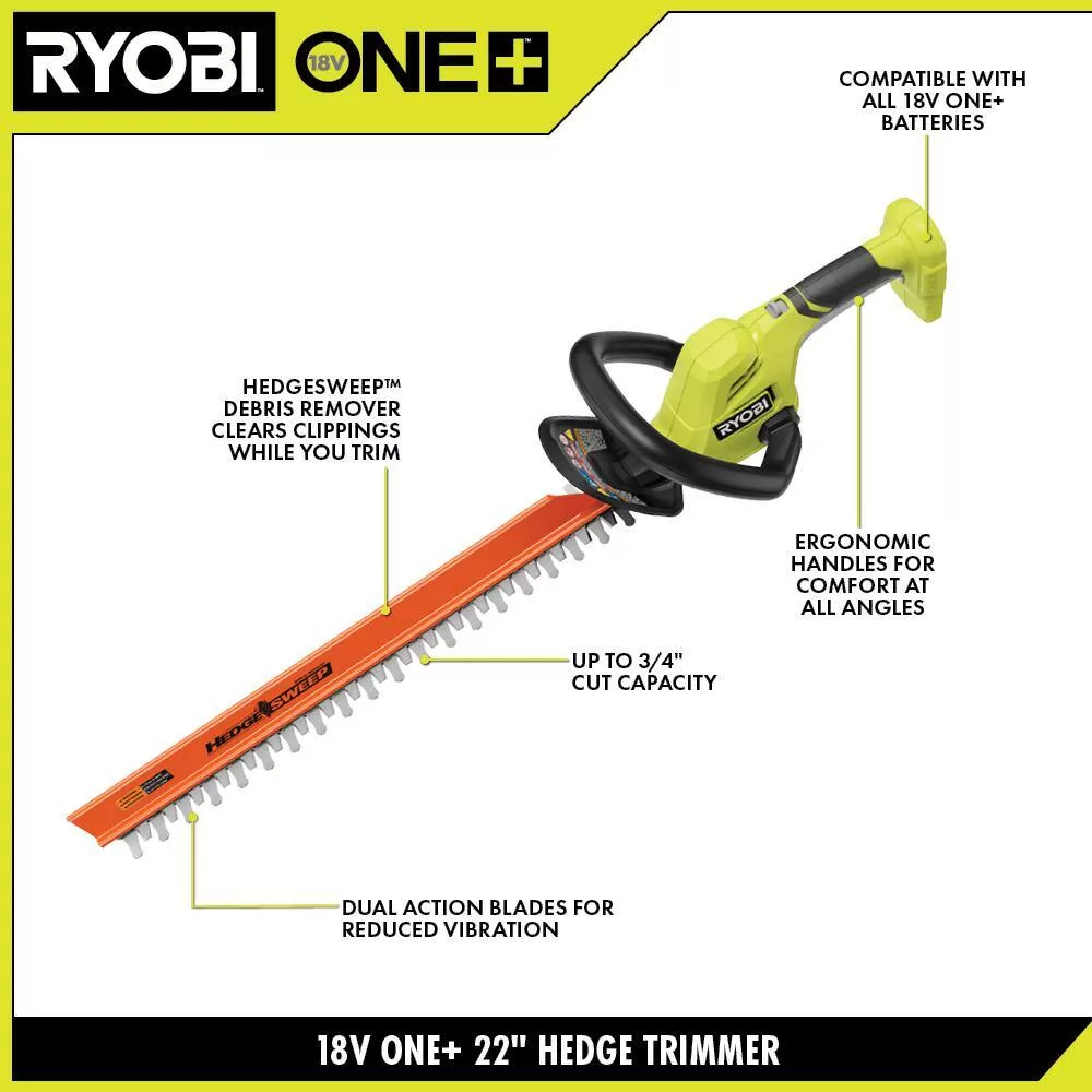 RYOBI P2690 ONE+ 18V 22 in. Lithium-Ion Cordless Hedge Trimmer with 2.0 Ah Battery and Charger