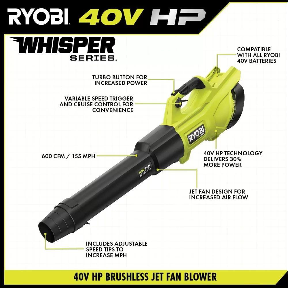 RYOBI RY404130 40V HP Brushless Whisper Series 155 MPH 600 CFM Cordless Battery Leaf Blower with 4.0 Ah Battery and Charger