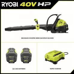 RYOBI RY404170 40V HP Brushless Whisper Series 165 MPH 730 CFM Cordless Battery Backpack Blower with (2) 6.0 Ah Batteries and Charger