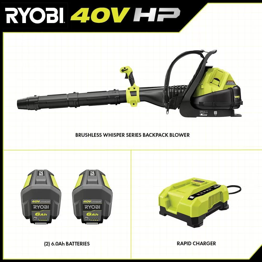RYOBI RY404170 40V HP Brushless Whisper Series 165 MPH 730 CFM Cordless Battery Backpack Blower with (2) 6.0 Ah Batteries and Charger