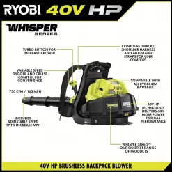 RYOBI RY404170 40V HP Brushless Whisper Series 165 MPH 730 CFM Cordless Battery Backpack Blower with (2) 6.0 Ah Batteries and Charger