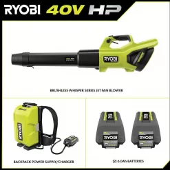 RYOBI RY404180 40V HP Brushless Whisper Series 190 MPH 730 CFM Blower and Backpack Battery w/ (2) 6.0 Ah Batteries & Charger