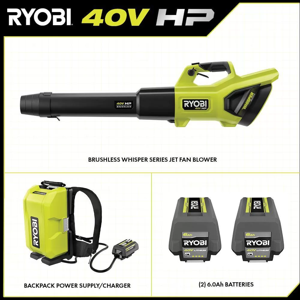 RYOBI RY404180 40V HP Brushless Whisper Series 190 MPH 730 CFM Blower and Backpack Battery w/ (2) 6.0 Ah Batteries & Charger