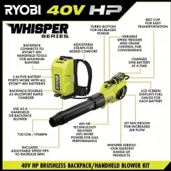RYOBI RY404180 40V HP Brushless Whisper Series 190 MPH 730 CFM Blower and Backpack Battery w/ (2) 6.0 Ah Batteries & Charger