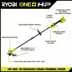 RYOBI P20102BTL-AC ONE+ HP 18V Brushless 13 in. Cordless Battery String Trimmer (Tool Only) with Extra 3-Pack of Spools