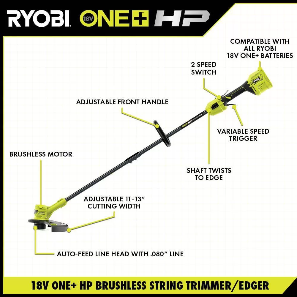 RYOBI P20102BTL-AC ONE+ HP 18V Brushless 13 in. Cordless Battery String Trimmer (Tool Only) with Extra 3-Pack of Spools