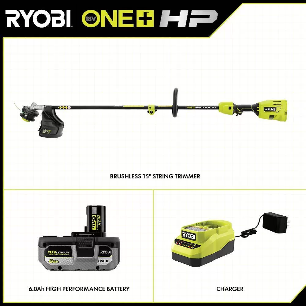 RYOBI P20220 ONE+ HP 18V Brushless 15 in. Attachment Capable String Trimmer with 6.0 Ah Battery and Charger