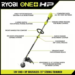 RYOBI P20220 ONE+ HP 18V Brushless 15 in. Attachment Capable String Trimmer with 6.0 Ah Battery and Charger