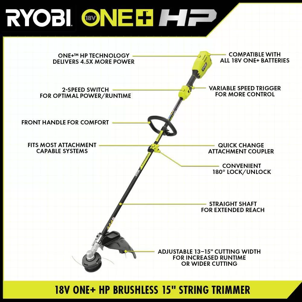 RYOBI P20220 ONE+ HP 18V Brushless 15 in. Attachment Capable String Trimmer with 6.0 Ah Battery and Charger