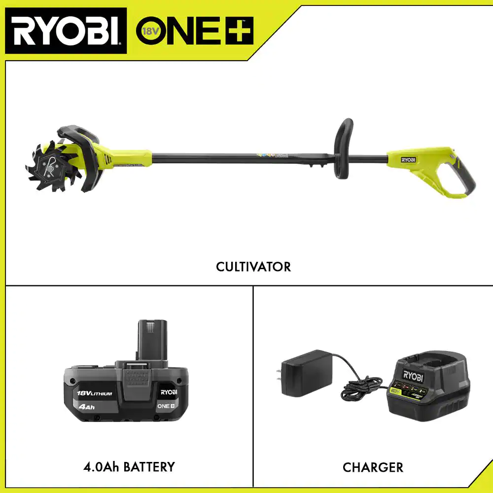 RYOBI ONE+ 18V 8 in. Cordless Cultivator with 4.0 Ah Battery and Charger