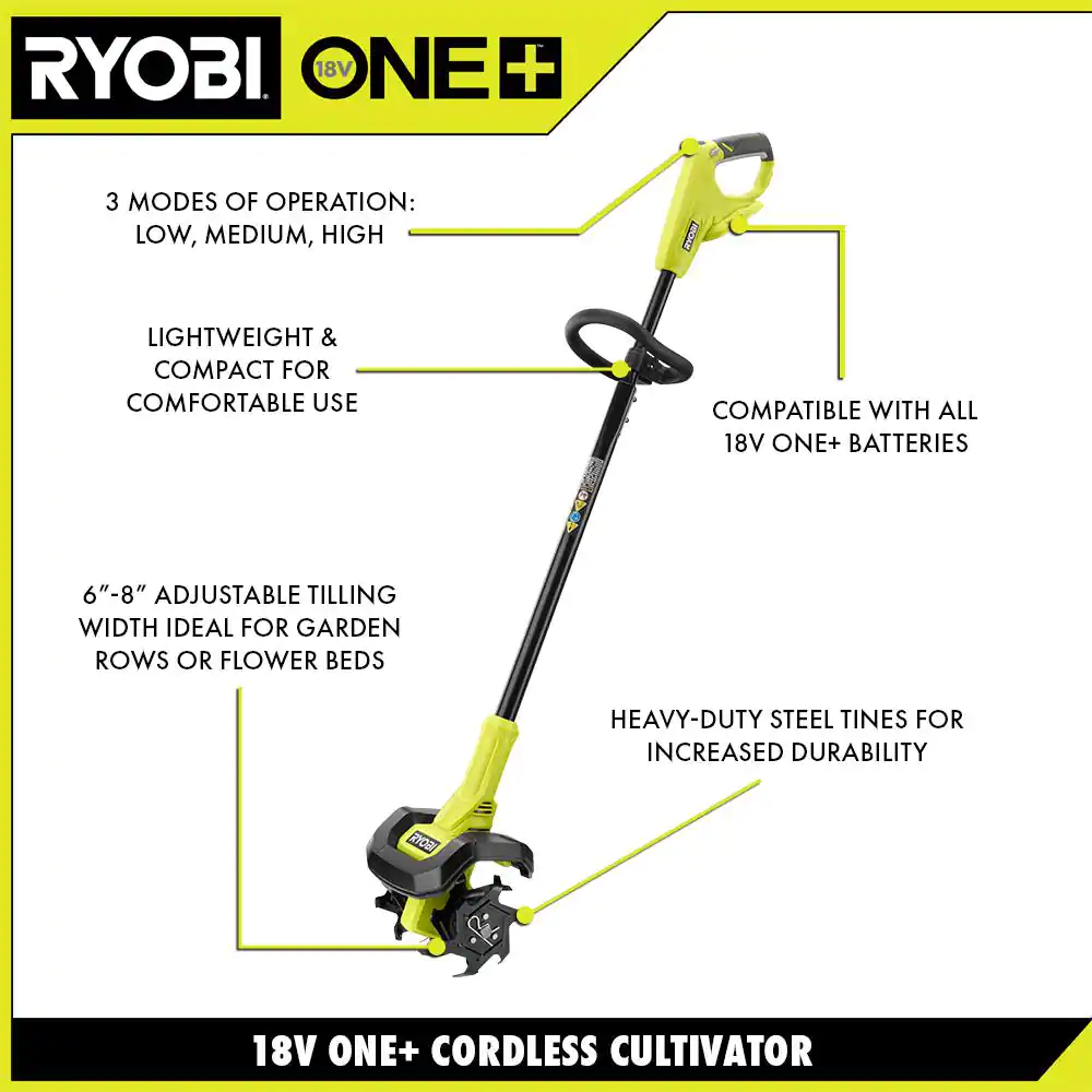 RYOBI ONE+ 18V 8 in. Cordless Cultivator with 4.0 Ah Battery and Charger