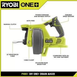 RYOBI P4001-PSK005 ONE+ 18V Cordless Drain Auger and 2.0 Ah Compact Battery and Charger Starter Kit
