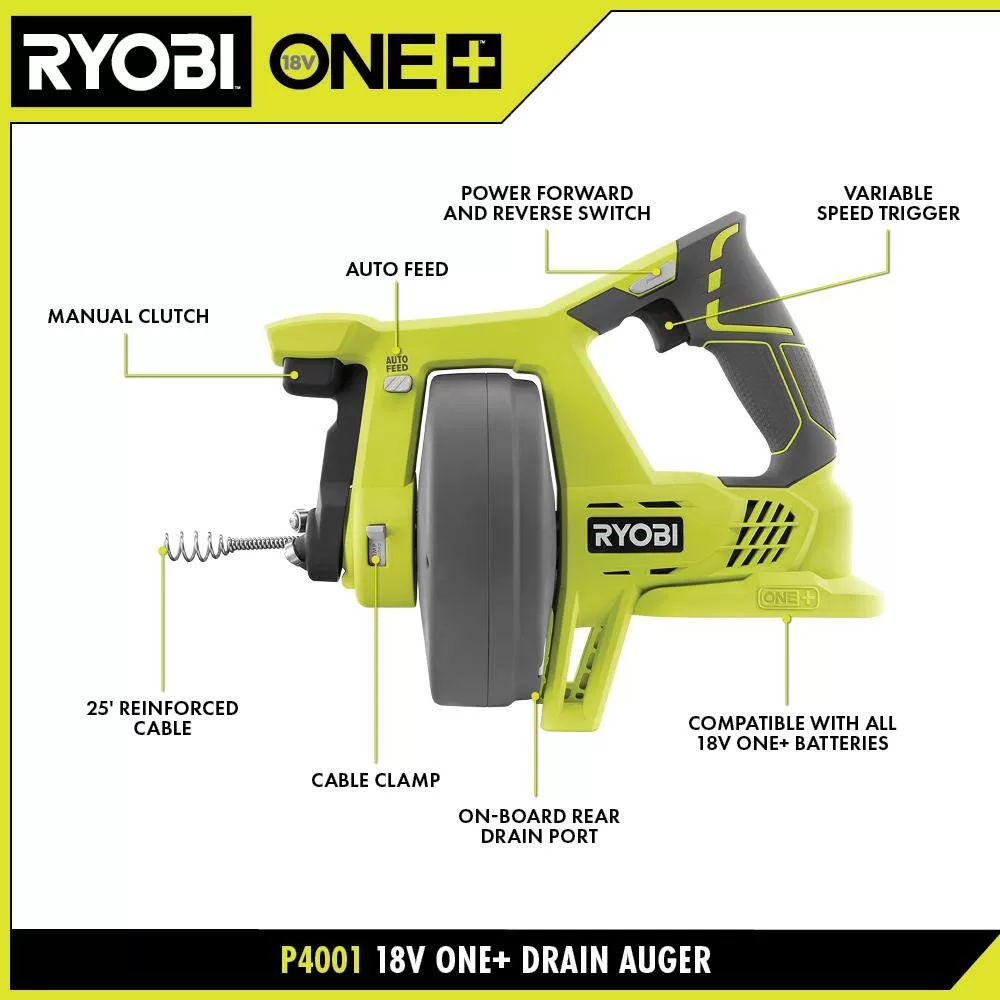 RYOBI P4001-PSK005 ONE+ 18V Cordless Drain Auger and 2.0 Ah Compact Battery and Charger Starter Kit