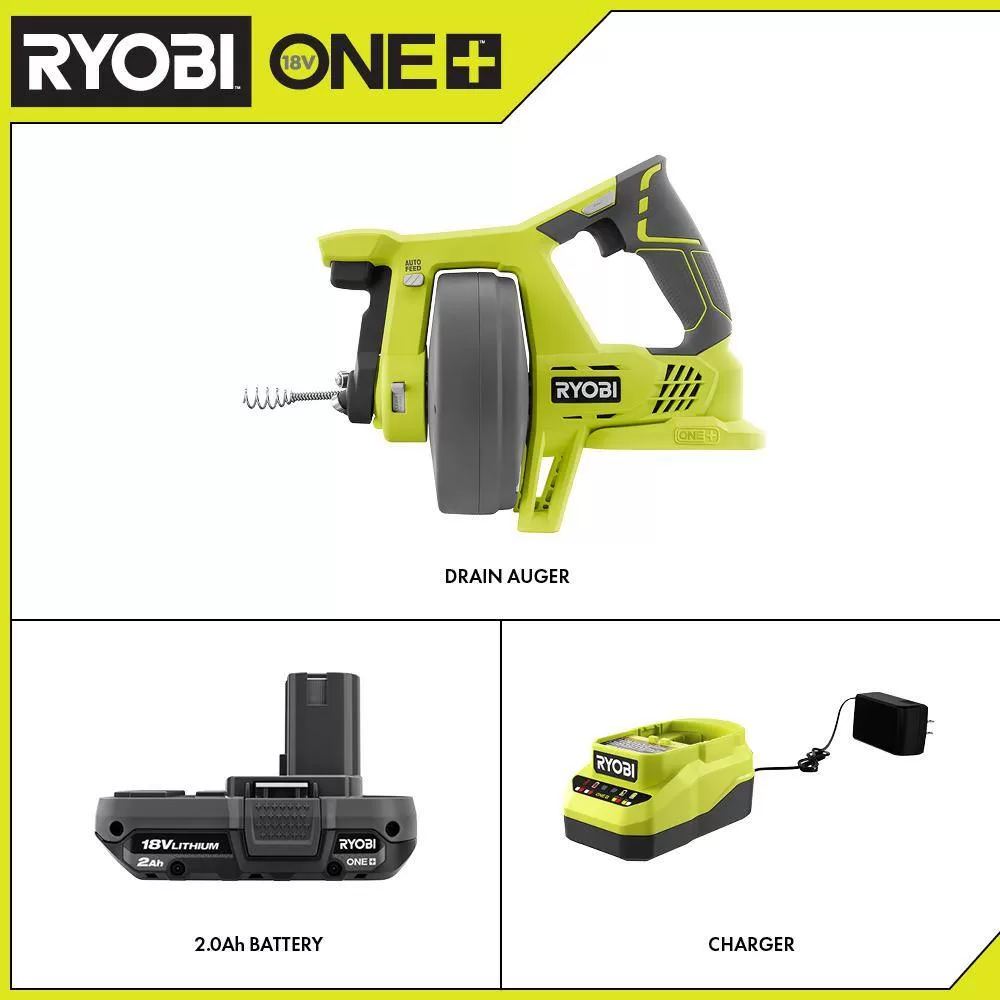 RYOBI P4001-PSK005 ONE+ 18V Cordless Drain Auger and 2.0 Ah Compact Battery and Charger Starter Kit