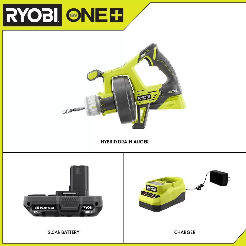 RYOBI P4002-PSK005 ONE+ 18V Hybrid Drain Auger and 2.0 Ah Compact Battery and Charger Starter Kit