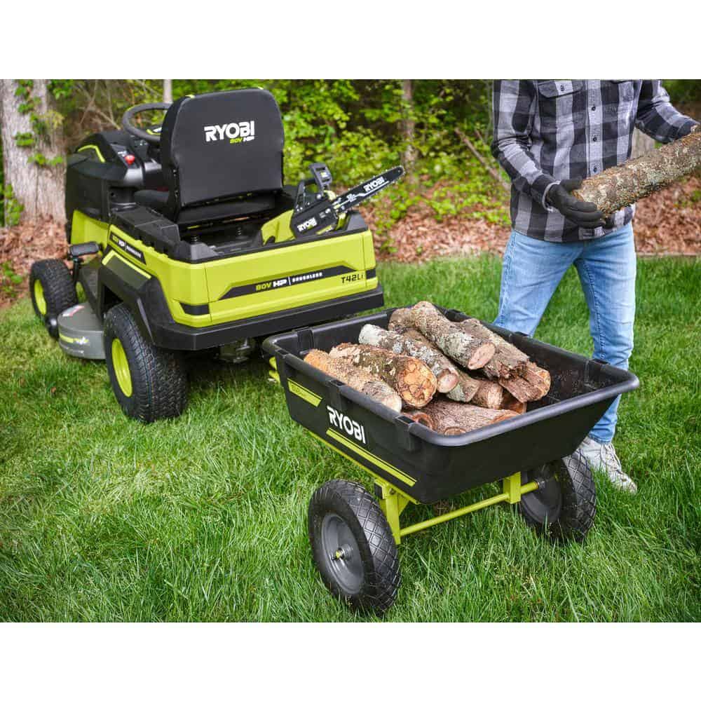 RYOBI ACRM025 500 lb. 7.5 cu. ft. Tow-Behind Utility Dump Cart with Universal Hitch for Riding Mower, Lawn Tractor & Zero Turn Mower