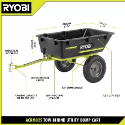 RYOBI ACRM025 500 lb. 7.5 cu. ft. Tow-Behind Utility Dump Cart with Universal Hitch for Riding Mower, Lawn Tractor & Zero Turn Mower