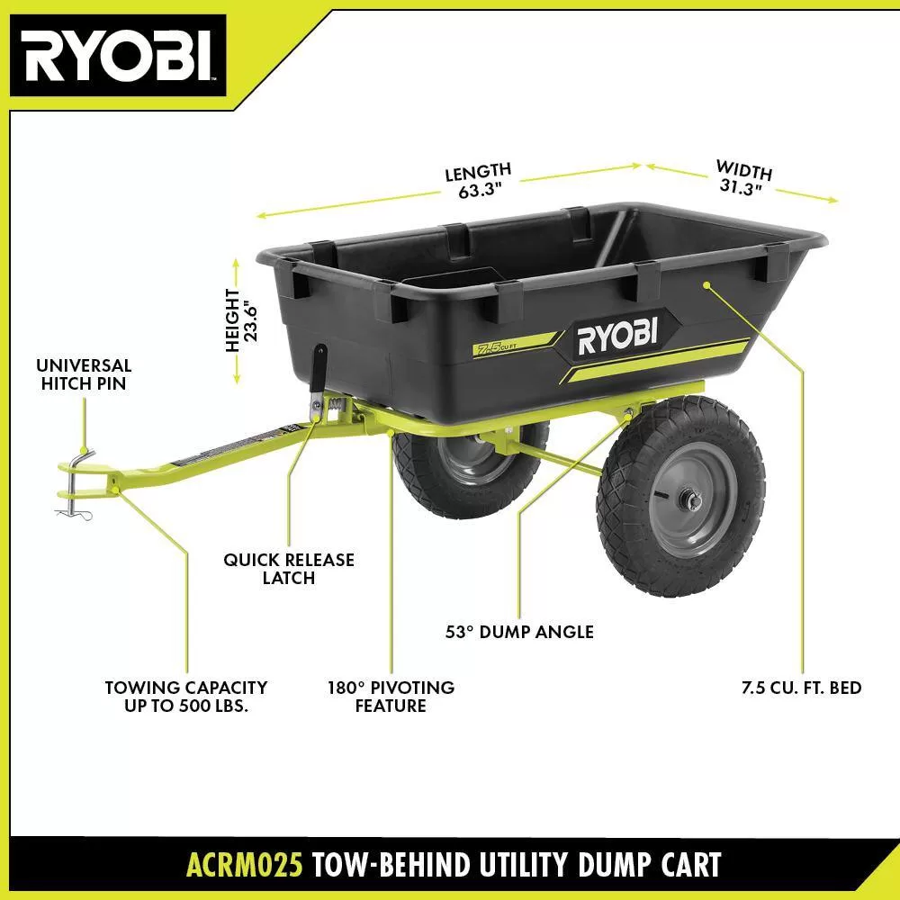 RYOBI ACRM025 500 lb. 7.5 cu. ft. Tow-Behind Utility Dump Cart with Universal Hitch for Riding Mower, Lawn Tractor & Zero Turn Mower