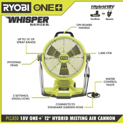 RYOBI PCL850K1-PBP005 ONE+ 18V Cordless Hybrid WHISPER SERIES 12 in. Misting Air Cannon Fan Kit with (2) 4.0 Ah Batteries and 18V Charger