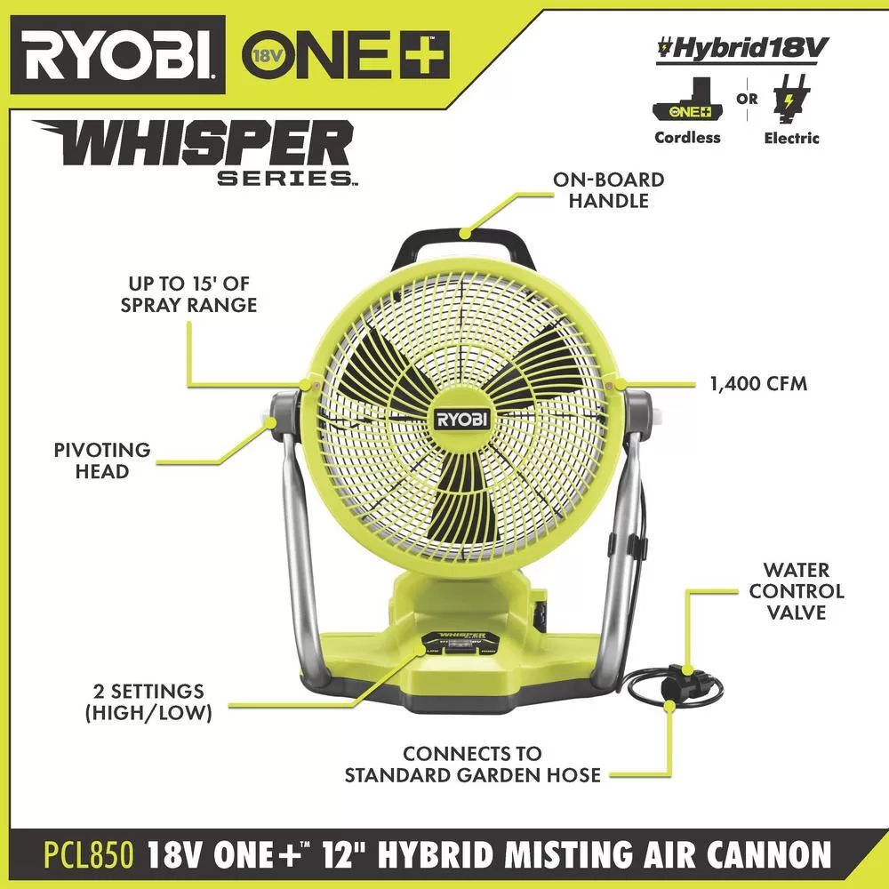 RYOBI PCL850K1-PBP005 ONE+ 18V Cordless Hybrid WHISPER SERIES 12 in. Misting Air Cannon Fan Kit with (2) 4.0 Ah Batteries and 18V Charger