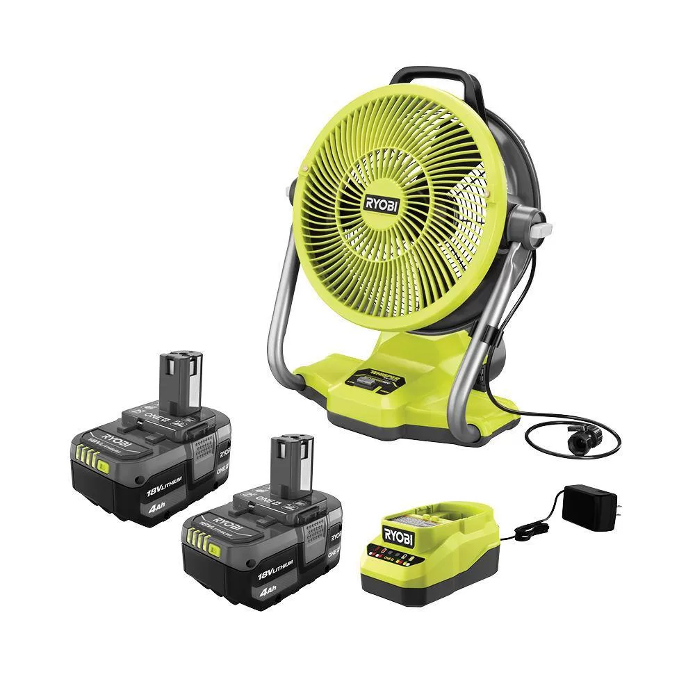 RYOBI PCL850K1-PBP005 ONE+ 18V Cordless Hybrid WHISPER SERIES 12 in. Misting Air Cannon Fan Kit with (2) 4.0 Ah Batteries and 18V Charger