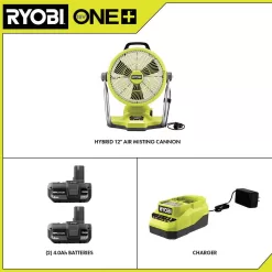 RYOBI PCL850K1-PBP005 ONE+ 18V Cordless Hybrid WHISPER SERIES 12 in. Misting Air Cannon Fan Kit with (2) 4.0 Ah Batteries and 18V Charger