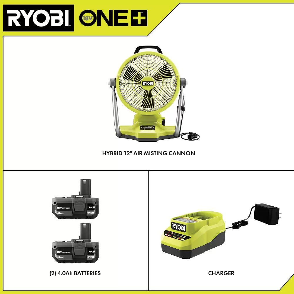 RYOBI PCL850K1-PBP005 ONE+ 18V Cordless Hybrid WHISPER SERIES 12 in. Misting Air Cannon Fan Kit with (2) 4.0 Ah Batteries and 18V Charger
