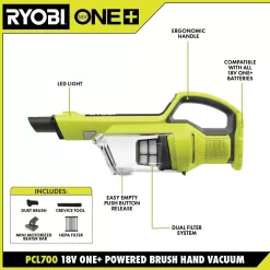 RYOBI PCL700K ONE+ 18V Cordless Hand Vacuum with Powered Brush Kit with 2.0 Ah Battery and Charger