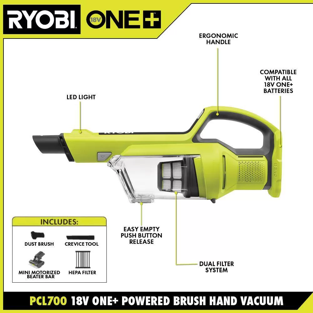 RYOBI PCL700K ONE+ 18V Cordless Hand Vacuum with Powered Brush Kit with 2.0 Ah Battery and Charger