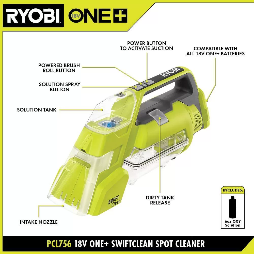RYOBI PCL756K ONE+ 18V Cordless SWIFTClean Spot Cleaner Kit with 2.0 Ah Battery and Charger
