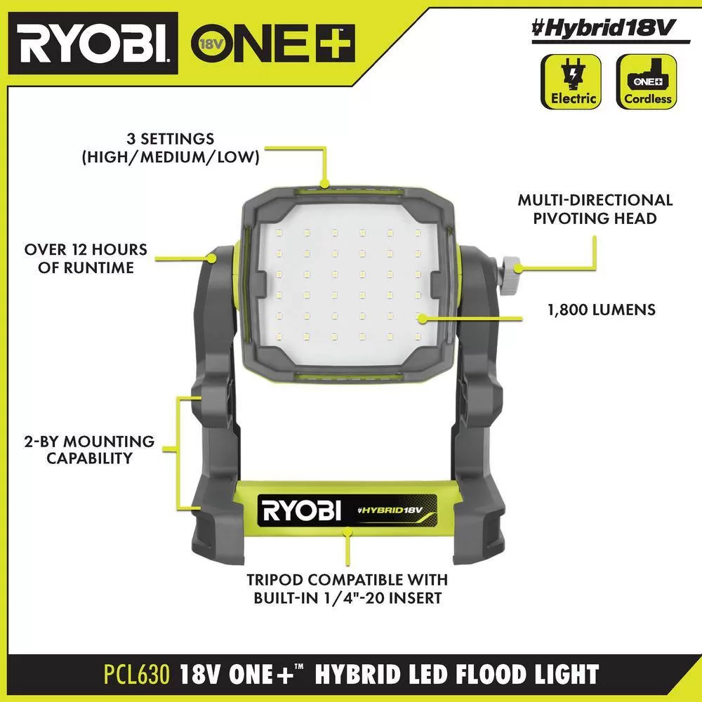 RYOBI PCL630B-PSK004 ONE+ 18V Cordless Hybrid LED Flood Light Kit with HIGH PERFORMANCE Lithium-Ion 4.0 Ah Battery and Charger Kit