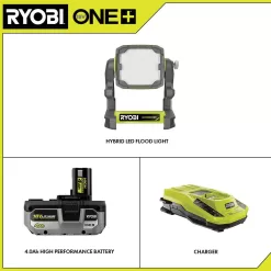 RYOBI PCL630B-PSK004 ONE+ 18V Cordless Hybrid LED Flood Light Kit with HIGH PERFORMANCE Lithium-Ion 4.0 Ah Battery and Charger Kit