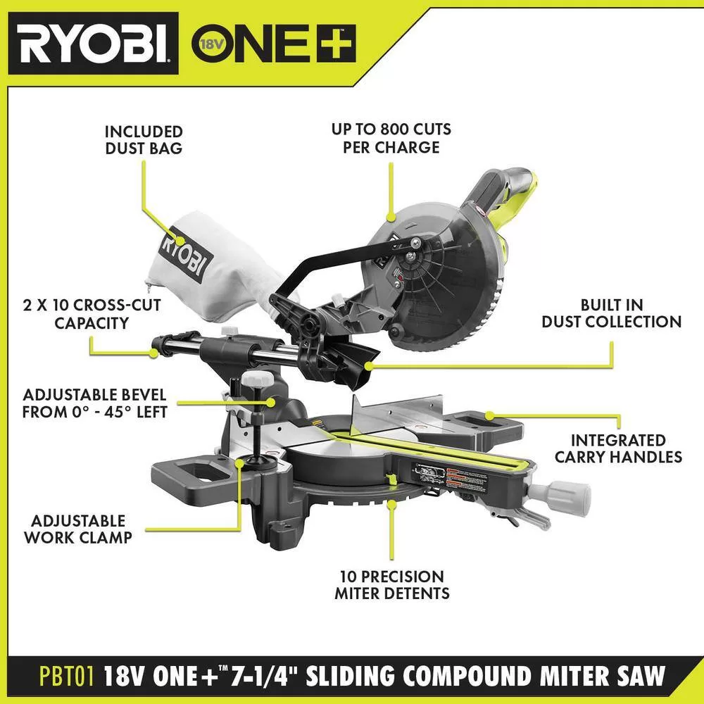 RYOBI PBT01B-PCL204HPK ONE+ 18V Cordless 7-1/4 in. Sliding Compound Miter Saw with (2) 4.0 Ah HIGH PERFORMANCE Batteries and 18V Charger