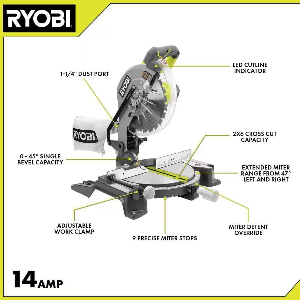 RYOBI TS1346 14 Amp Corded 10 in. Compound Miter Saw with LED Cutline Indicator