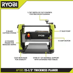 RYOBI 15 Amp 12-1/2 in. Corded Thickness Planer with Planer Knives, Knife Removal Tool, Hex Key and Dust Hood