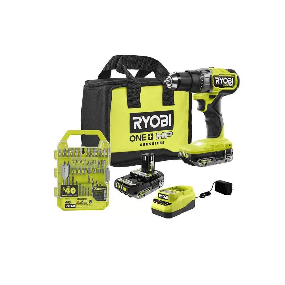 RYOBI PBLDD01K-A98401 ONE+ HP 18V Brushless Cordless 1/2 in. Drill/Driver Kit w/(2) Batteries, Charger, Bag, & Drill/Drive Kit (40-Piece)